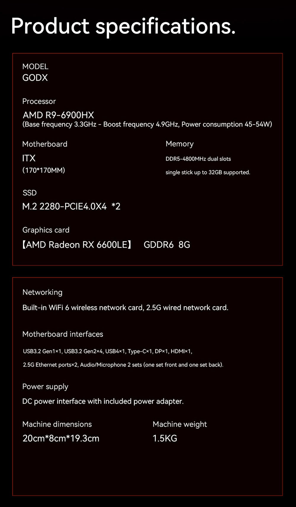 Herní mini PC AOOSTAR GODX s dedikovanou grafickou kartou, procesorem AMD Ryzen 9 6900HX 8 jader 4,9 GHz, grafickou kartou AMD Radeon RX 6600LE 8 GB 128bit, 32 GB RAM 1 TB SSD, WiFi6, 2x 2,5G LAN, 5x USB 3.2, 1x USB 4, 1x Type-C, 1x DP, 1x HDMI, 2x konektor pro sluchátka, 2x port pro mikrofon - zástrčka EU