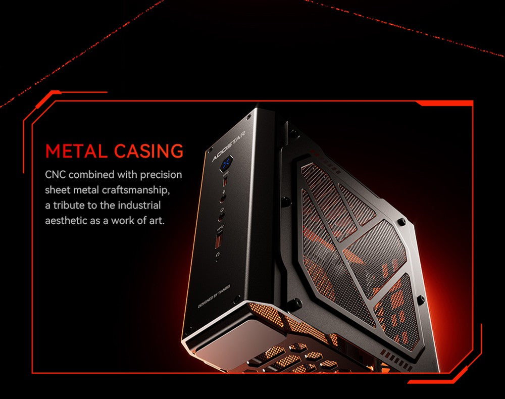 Herní mini PC AOOSTAR GODX s dedikovanou grafickou kartou, procesorem AMD Ryzen 9 6900HX 8 jader 4,9 GHz, grafickou kartou AMD Radeon RX 6600LE 8 GB 128bit, 32 GB RAM 1 TB SSD, WiFi6, 2x 2,5G LAN, 5x USB 3.2, 1x USB 4, 1x Type-C, 1x DP, 1x HDMI, 2x konektor pro sluchátka, 2x port pro mikrofon - zástrčka EU