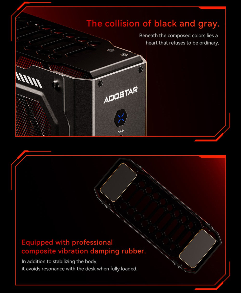 Herní mini PC AOOSTAR GODX s dedikovanou grafickou kartou, procesorem AMD Ryzen 9 6900HX 8 jader 4,9 GHz, grafickou kartou AMD Radeon RX 6600LE 8 GB 128bit, 32 GB RAM 1 TB SSD, WiFi6, 2x 2,5G LAN, 5x USB 3.2, 1x USB 4, 1x Type-C, 1x DP, 1x HDMI, 2x konektor pro sluchátka, 2x port pro mikrofon - zástrčka EU