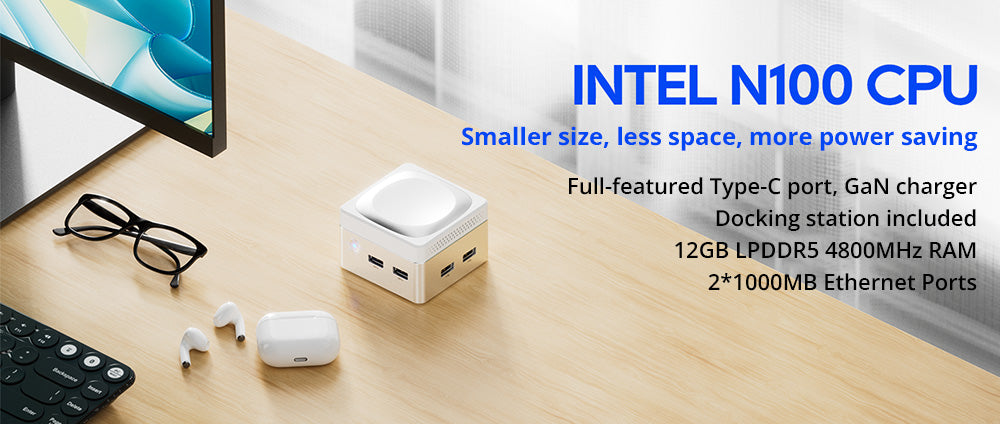 Mini PC AOOSTAR T8 (dokovací stanice zdarma), Intel N100 4 jádra max. 3,4 GHz, 12 GB LPDDR5 RAM, 256 GB SSD, podpora dvou obrazovek 4K@60Hz, dvoupásmová WiFi, 1* plně vybavený port Type-C, 2* USB 3.0, 2* USB 2.0, 1* HDMI, 2* 1000 Mbps LAN, 1* audio jack, 35W GaN nabíječka