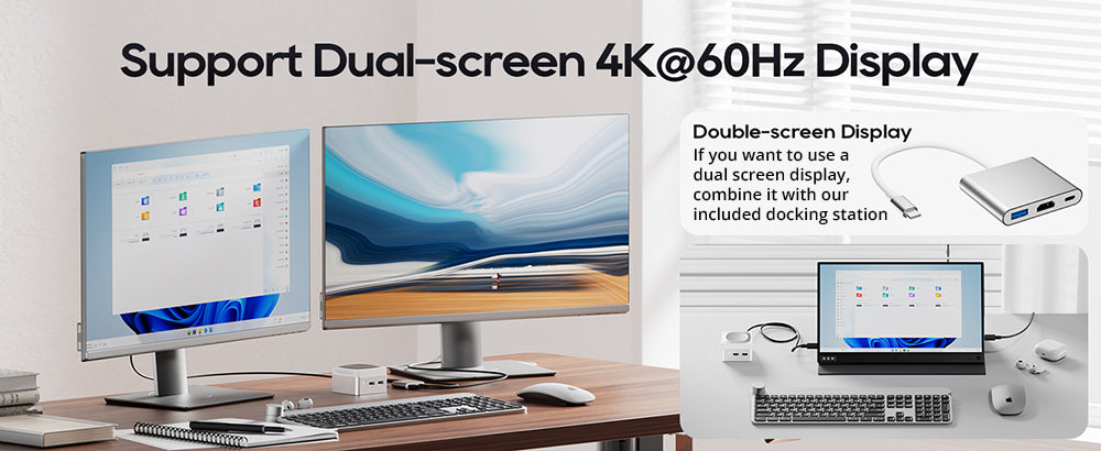 Mini PC AOOSTAR T8 (dokovací stanice zdarma), Intel N100 4 jádra max. 3,4 GHz, 12 GB LPDDR5 RAM, 256 GB SSD, podpora dvou obrazovek 4K@60Hz, dvoupásmová WiFi, 1* plně vybavený port Type-C, 2* USB 3.0, 2* USB 2.0, 1* HDMI, 2* 1000 Mbps LAN, 1* audio jack, 35W GaN nabíječka