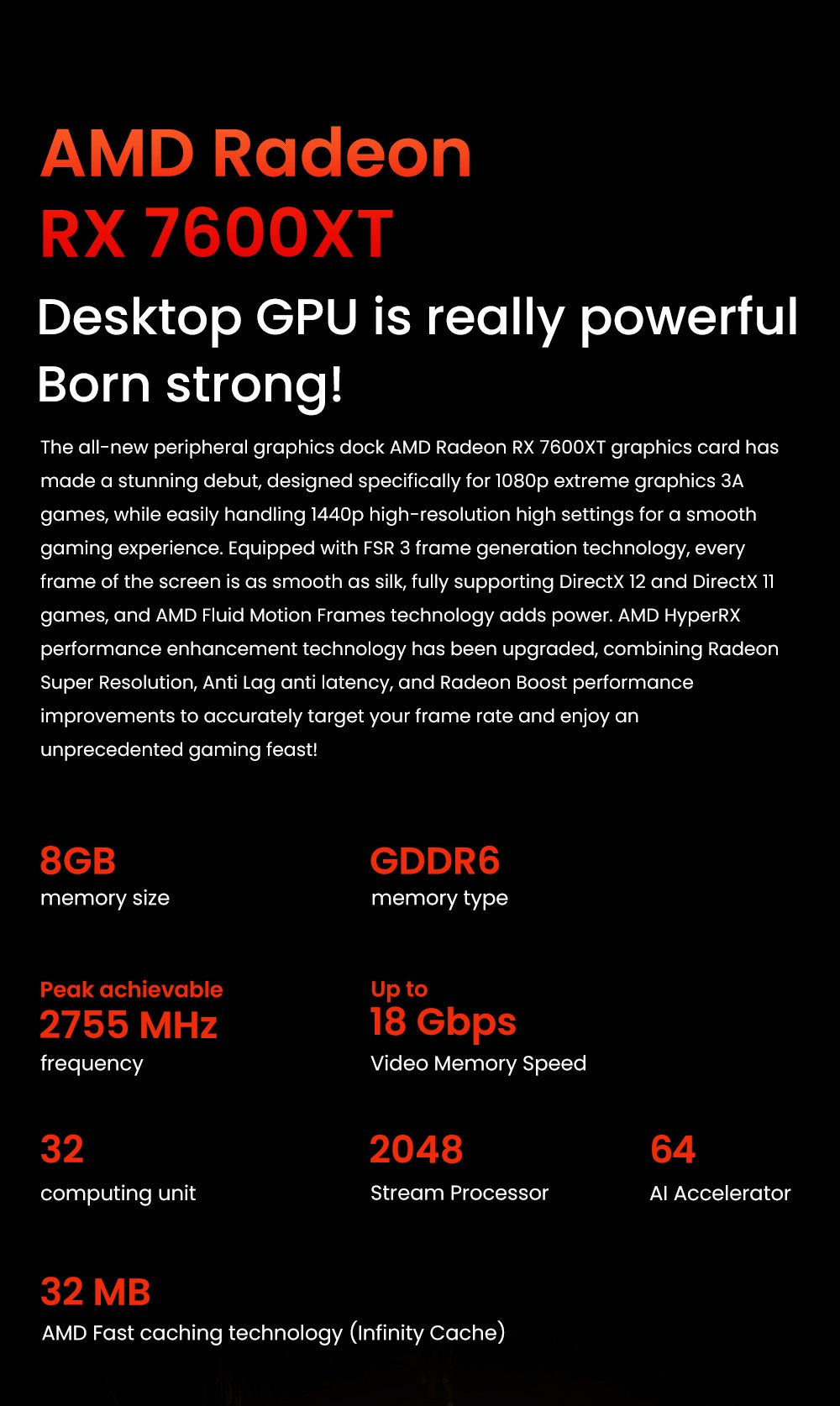 Dokovací stanice AOOSTAR XG76XT eGPU s grafickou kartou AMD Radeon RX 7600MXT, 8 GB GDDR6 RAM, 128bitová, 1*USB 4.0, 1*Oculink, 1*HDMI, 2*DP, 1*Type-C, 100W reverzní nabíjení - zástrčka EU