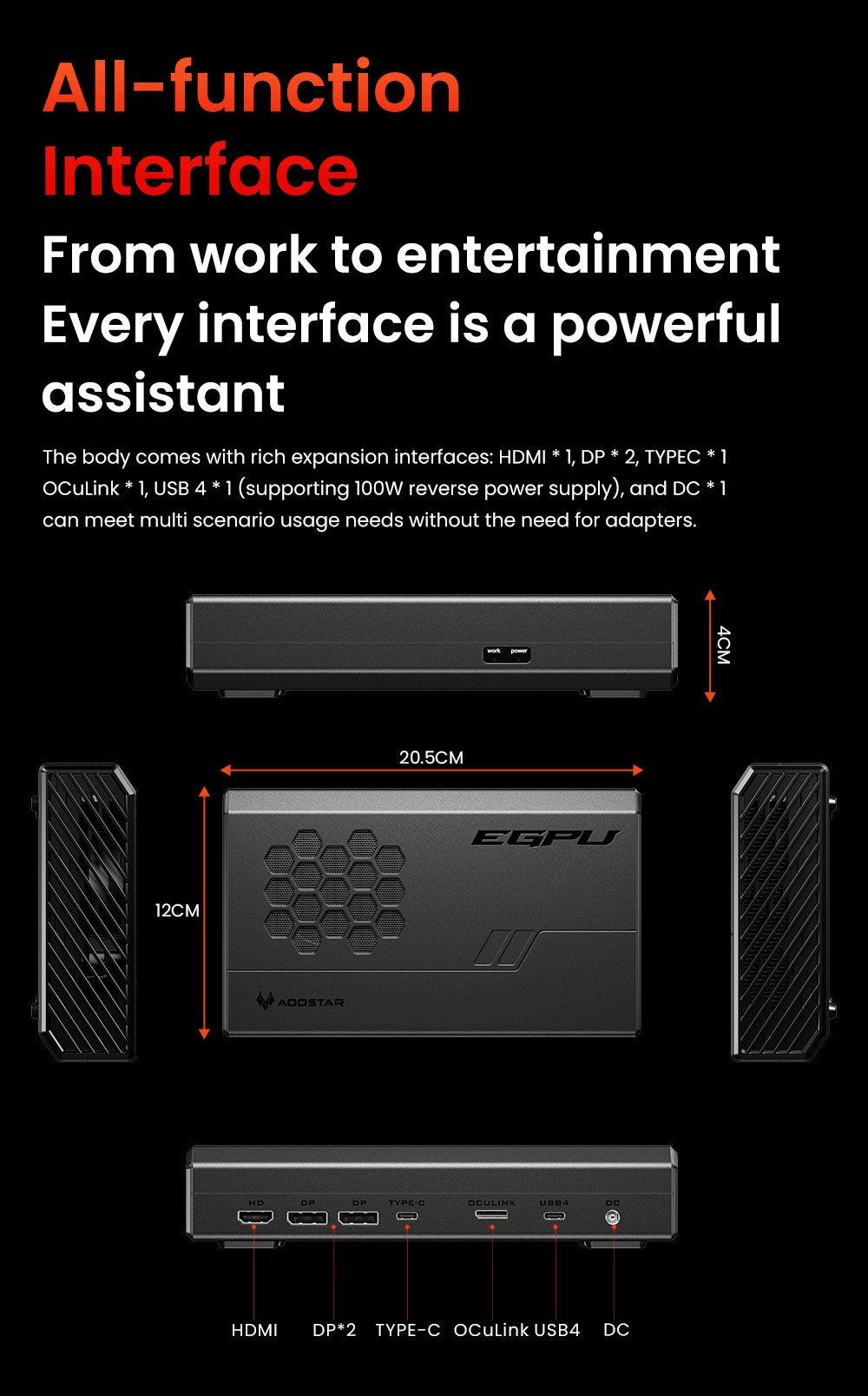 Dokovací stanice AOOSTAR XG76XT eGPU s grafickou kartou AMD Radeon RX 7600MXT, 8 GB GDDR6 RAM, 128bitová, 1*USB 4.0, 1*Oculink, 1*HDMI, 2*DP, 1*Type-C, 100W reverzní nabíjení - zástrčka EU