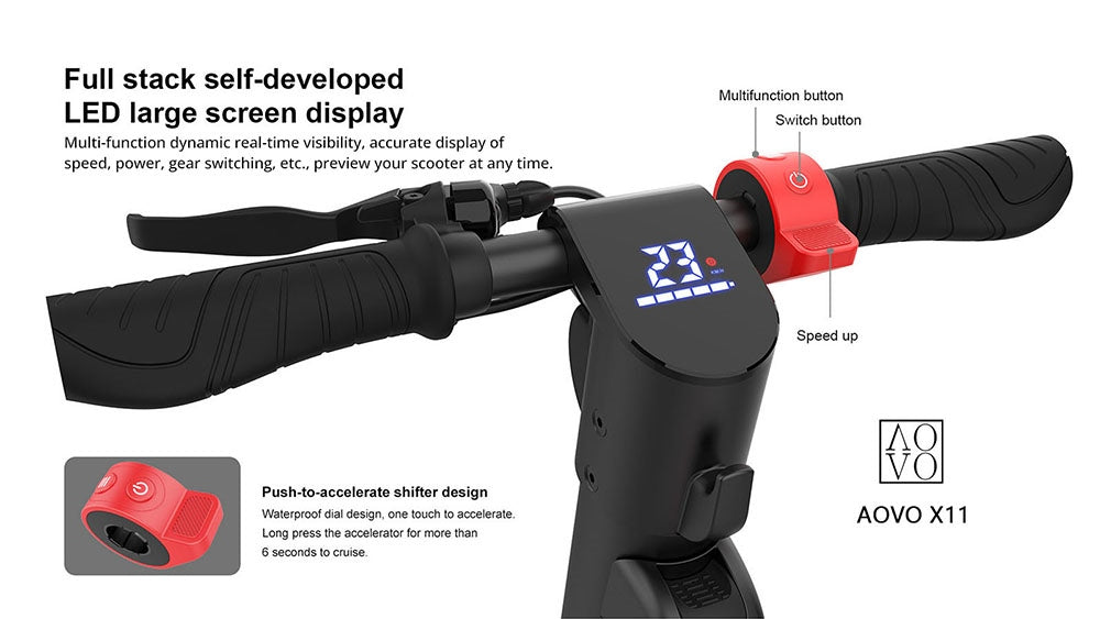 Elektrická koloběžka AOVO X11, 10palcové pneumatiky, motor 450 W, 36 V, 13 Ah, odnímatelná baterie, maximální rychlost 35 km/h, dojezd 50 km - červená