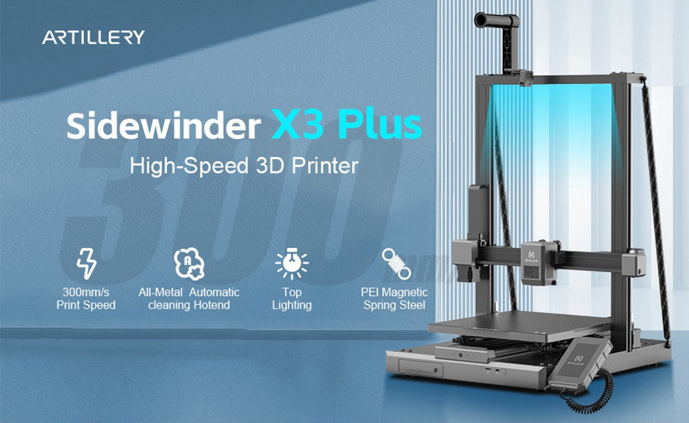 3D tiskárna Artillery Sidewinder X3 Plus, automatické vyrovnávání, maximální rychlost tisku 300 mm/s, dvoustupňový přímý extruder, automatické čištění trysek, 32bitová základní deska STM, horní osvětlení, 300x300x400 mm