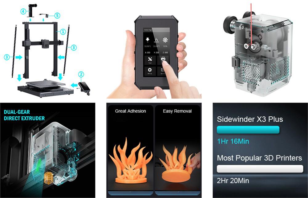 3D tiskárna Artillery Sidewinder X3 Plus, automatické vyrovnávání, maximální rychlost tisku 300 mm/s, dvoustupňový přímý extruder, automatické čištění trysek, 32bitová základní deska STM, horní osvětlení, 300x300x400 mm