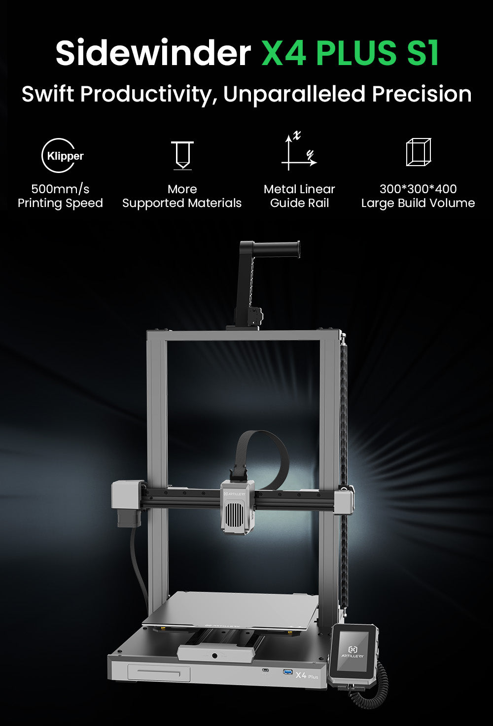 3D tiskárna Artillery Sidewinder X4 Plus S1, 300*300*400 mm, rychlost tisku 500 mm/s, tisk při vysokých teplotách 300 °C, lineární vodicí lišta XY-kov, automatické vyrovnávání, účinné chladicí ventilátory 8000 ot./min.