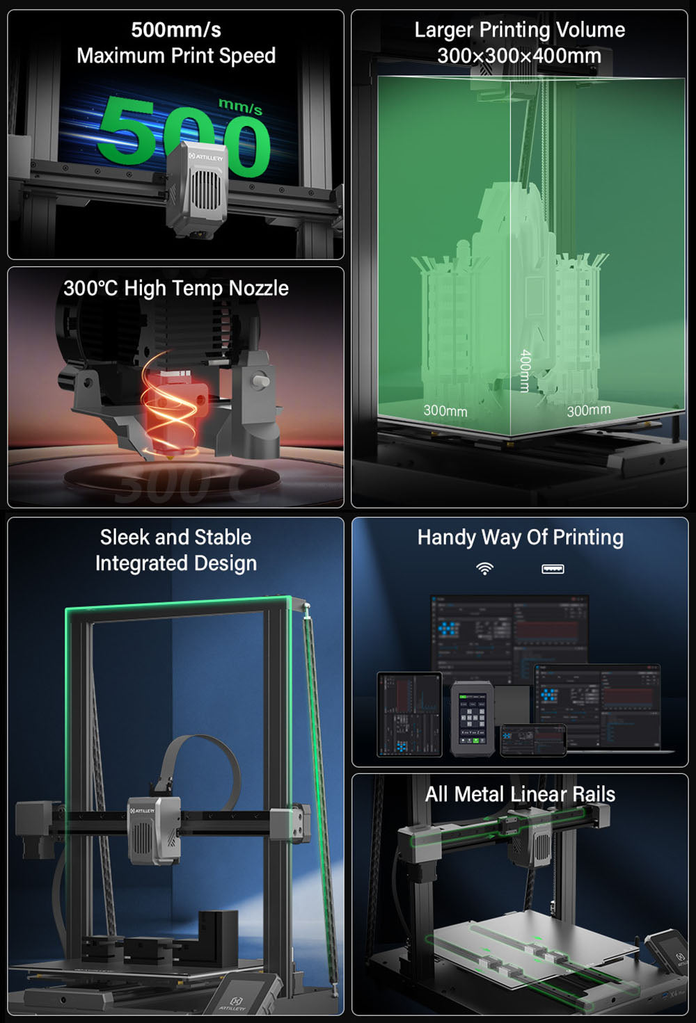 3D tiskárna Artillery Sidewinder X4 Plus S1, 300*300*400 mm, rychlost tisku 500 mm/s, tisk při vysokých teplotách 300 °C, lineární vodicí lišta XY-kov, automatické vyrovnávání, účinné chladicí ventilátory 8000 ot./min.