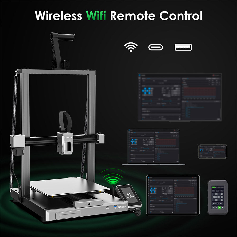3D tiskárna Artillery Sidewinder X4 Plus S1, 300*300*400 mm, rychlost tisku 500 mm/s, tisk při vysokých teplotách 300 °C, lineární vodicí lišta XY-kov, automatické vyrovnávání, účinné chladicí ventilátory 8000 ot./min.