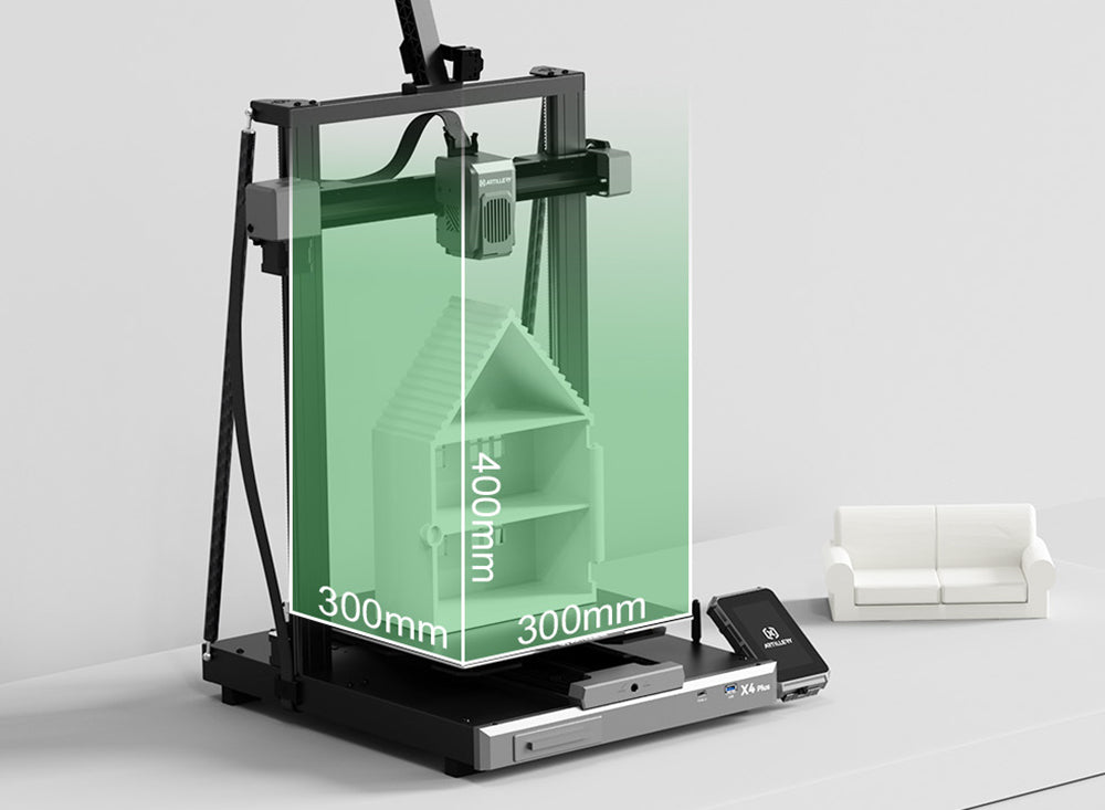 3D tiskárna Artillery Sidewinder X4 Plus S1, 300*300*400 mm, rychlost tisku 500 mm/s, tisk při vysokých teplotách 300 °C, lineární vodicí lišta XY-kov, automatické vyrovnávání, účinné chladicí ventilátory 8000 ot./min.