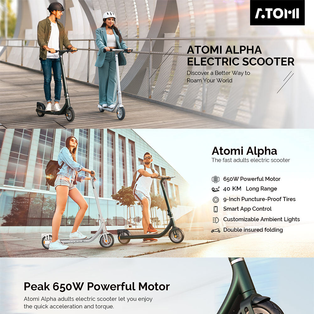 Elektrická koloběžka Atomi Alpha, 9palcové pneumatiky, motor 650 W, baterie 36 V 10 Ah, dojezd 40 km, maximální rychlost 25 km/h, maximální zatížení 120 kg, ovládání pomocí aplikace - bílá