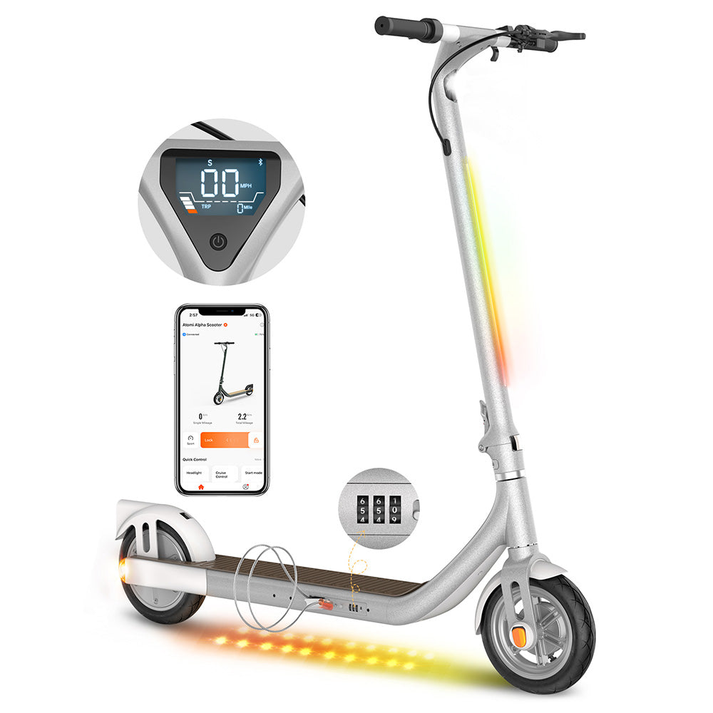 Atomi Alpha Electric Scooter 9 Inch Tires 350W Motor (Peak 650W) 36V 10Ah Battery for 25 Miles Range 25Km/h Max Speed 120KG Max Load Support App Control - White