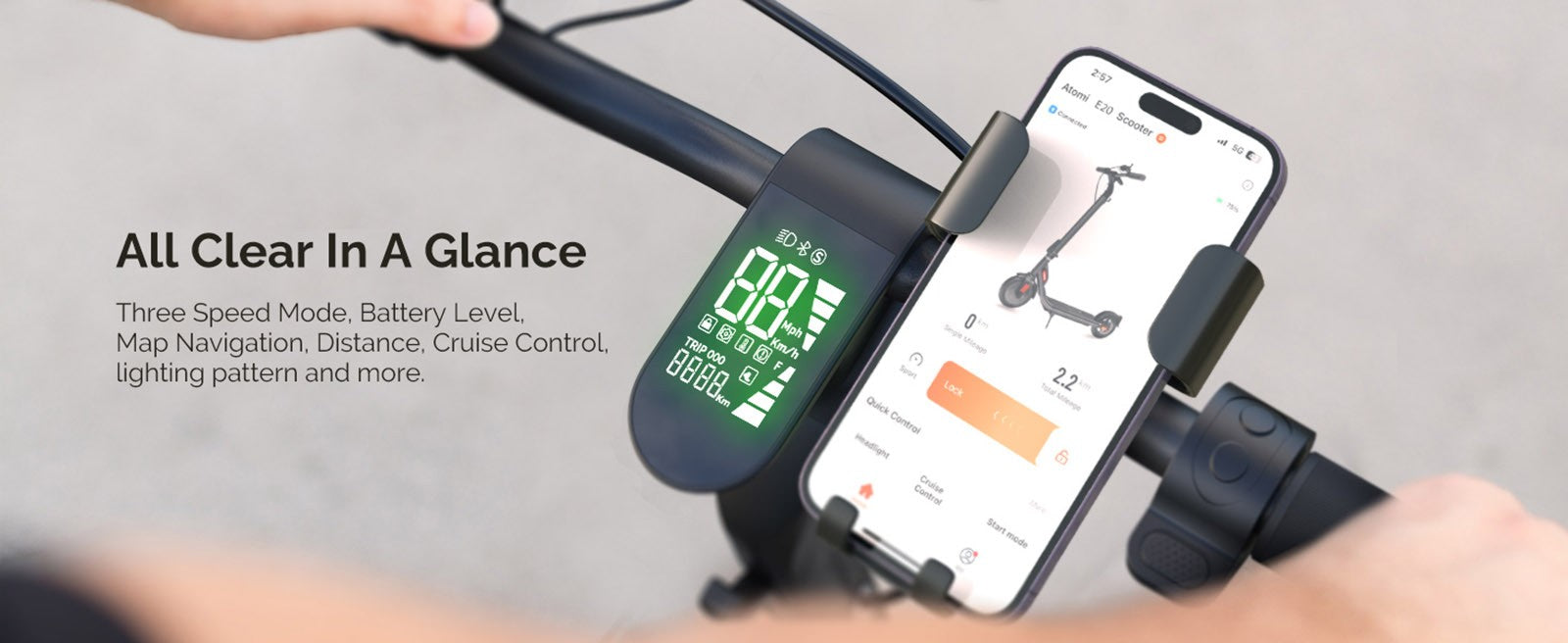 Elektrická koloběžka Atomi E20, 8,5 palce, vzduchové pneumatiky, motor 250 W (max. výkon 500 W), baterie 36 V 7,5 Ah, dojezd 30 km, dvojitá brzda, 120 kg