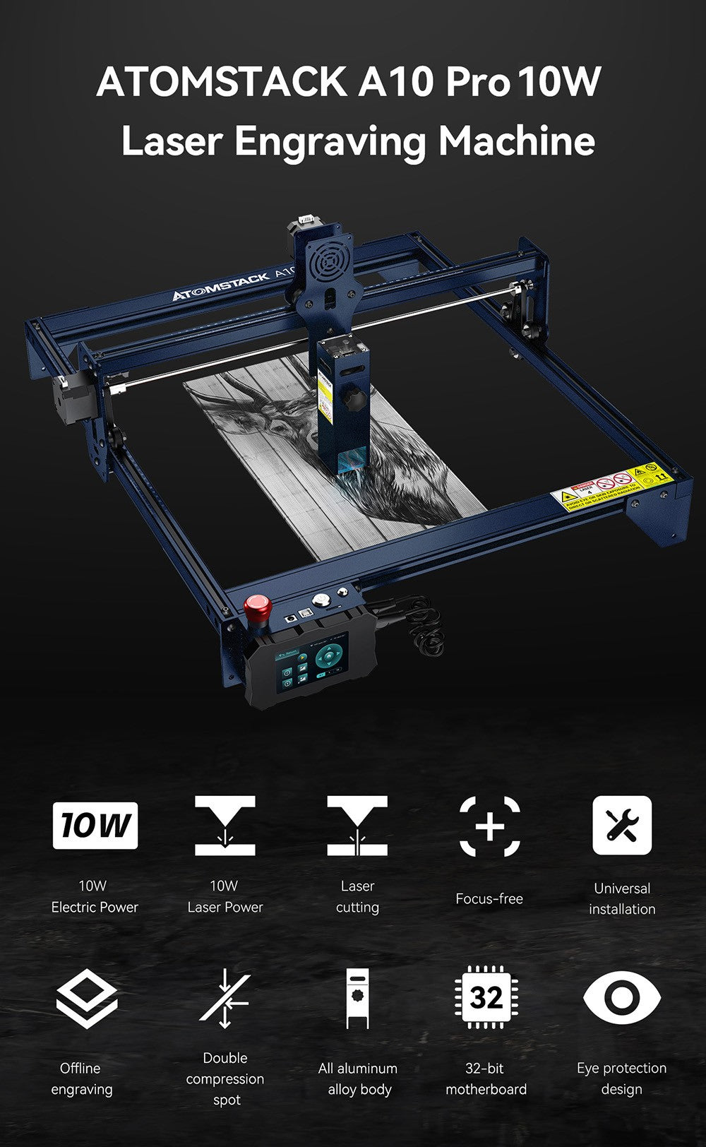 Laserová gravírka ATOMSTACK A10 Pro 10W, vysoká přesnost 0,01 mm, pevné ostření, dvojitý kompresní bod, 410*400 mm
