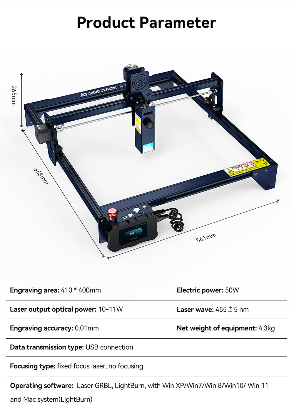 Laserová gravírka ATOMSTACK A10 Pro 10W, vysoká přesnost 0,01 mm, pevné ostření, dvojitý kompresní bod, 410*400 mm