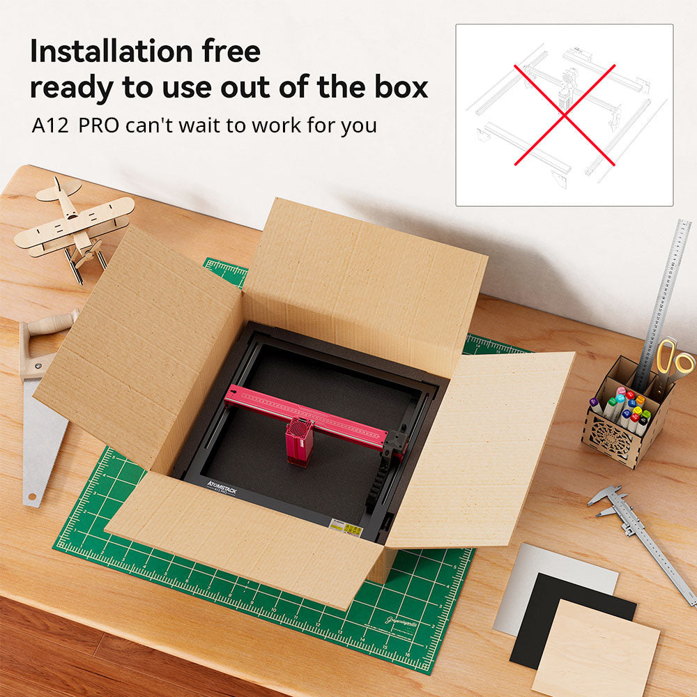 Laserová gravírka/řezačka ATOMSTACK A12 PRO 12W, pevné zaostření, přesnost gravírování 0,02 mm, rychlost gravírování 600 mm/s, 32bitová základní deska, křížové laserové polohování, ovládání aplikací, 365x305 mm