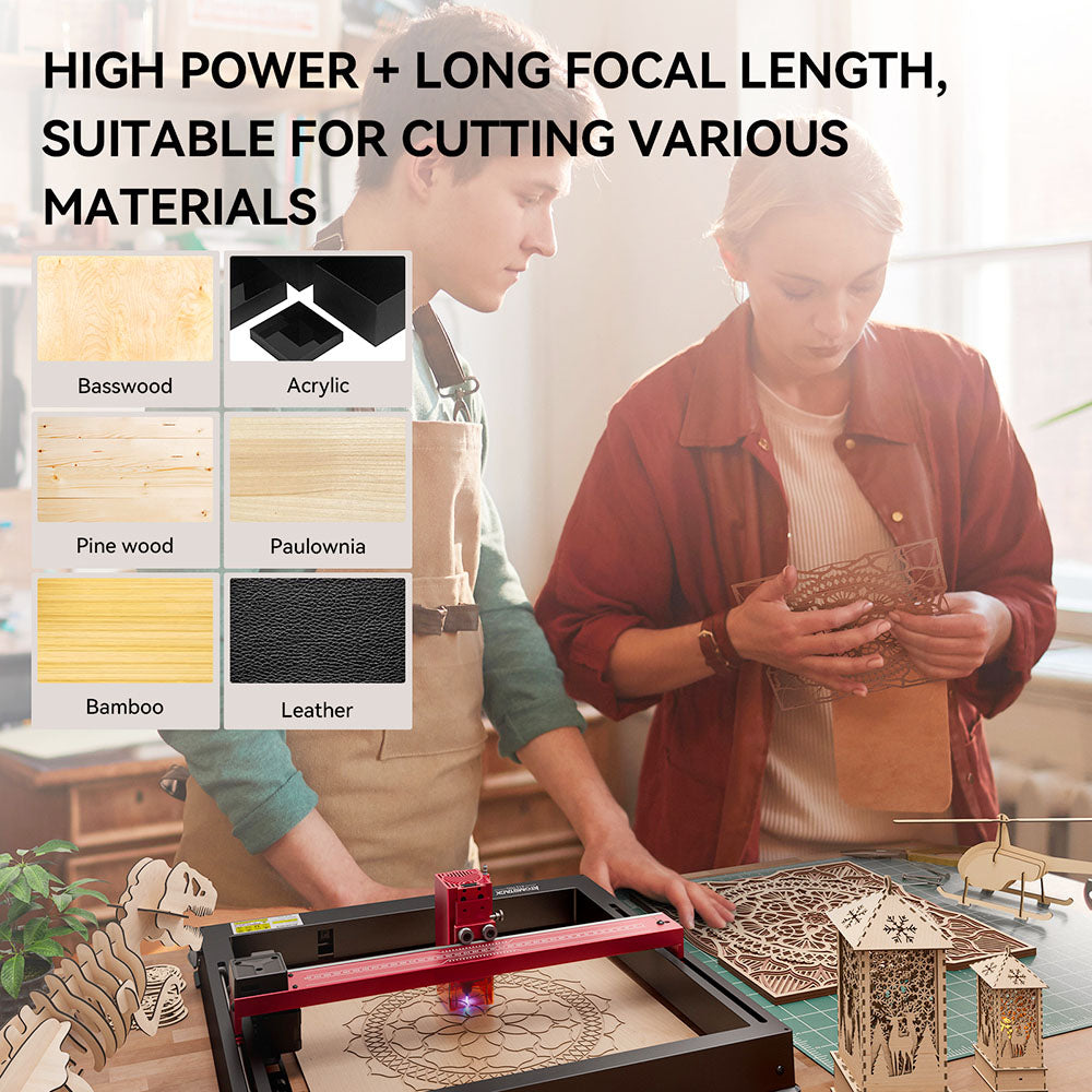 Laserová gravírka/řezačka ATOMSTACK A12 PRO 12W, pevné zaostření, přesnost gravírování 0,02 mm, rychlost gravírování 600 mm/s, 32bitová základní deska, křížové laserové polohování, ovládání aplikací, 365x305 mm