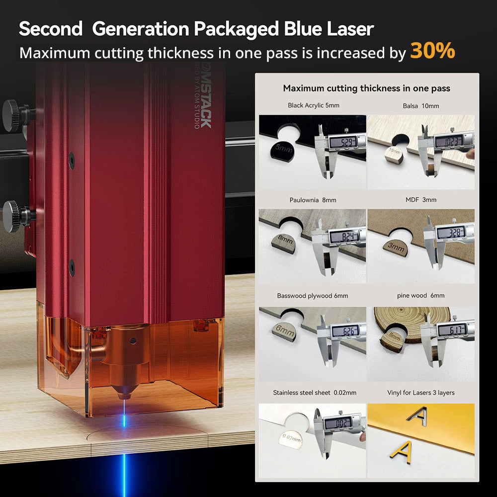 Laserová gravírka/řezačka ATOMSTACK A12 PRO 12W, pevné zaostření, přesnost gravírování 0,02 mm, rychlost gravírování 600 mm/s, 32bitová základní deska, křížové laserové polohování, ovládání aplikací, 365x305 mm