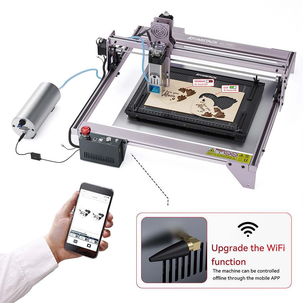 ATOMSTACK AIC1 Systém automatického řízení asistence vzduchu, WiFi offline práce, 32bitová základní deska, pro laserový gravírovací stroj S30 Pro/S20 Pro/A5 Pro/A5 Pro+