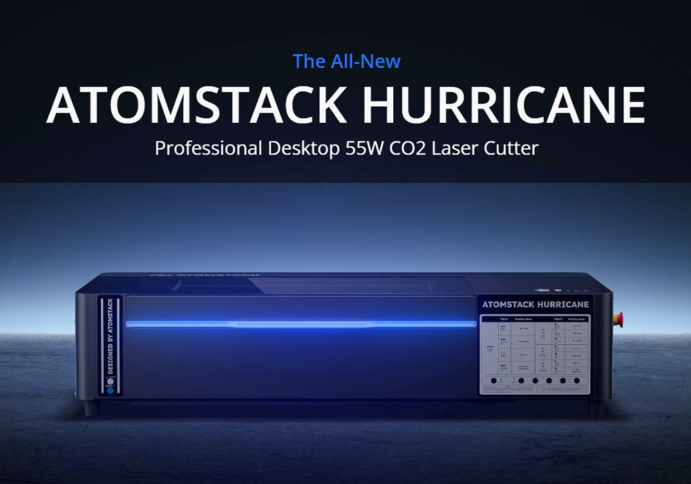 Laserová gravírka ATOMSTACK Hurricane CO2 třídy 1, výkon 55 W, přesnost 0,01 mm, rychlost gravírování 600 mm/s, 500*300 mm, viditelný červený indikátor, 5MP kamera, automatický hasicí přístroj, systém odvodu kouře