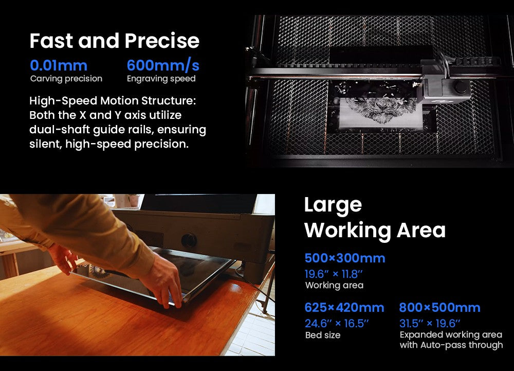 Laserová gravírka ATOMSTACK Hurricane CO2 třídy 1, výkon 55 W, přesnost 0,01 mm, rychlost gravírování 600 mm/s, 500*300 mm, viditelný červený indikátor, 5MP kamera, automatický hasicí přístroj, systém odvodu kouře