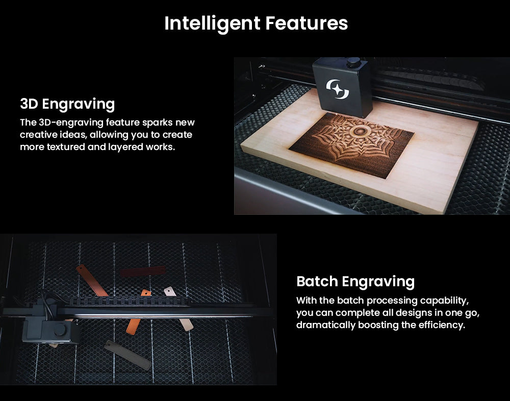 Laserová gravírka ATOMSTACK Hurricane CO2 třídy 1, výkon 55 W, přesnost 0,01 mm, rychlost gravírování 600 mm/s, 500*300 mm, viditelný červený indikátor, 5MP kamera, automatický hasicí přístroj, systém odvodu kouře