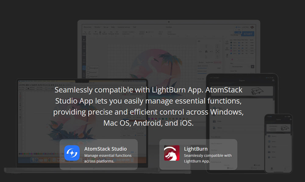 Laserová gravírka ATOMSTACK Hurricane CO2 třídy 1, výkon 55 W, přesnost 0,01 mm, rychlost gravírování 600 mm/s, 500*300 mm, viditelný červený indikátor, 5MP kamera, automatický hasicí přístroj, systém odvodu kouře
