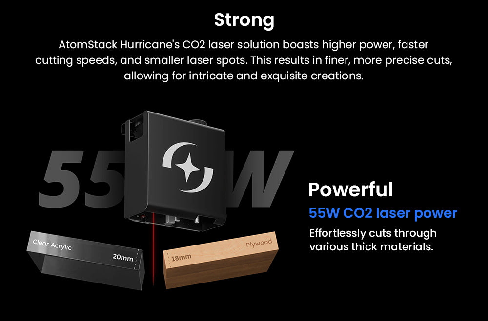 Laserová gravírka ATOMSTACK Hurricane CO2 třídy 1, výkon 55 W, přesnost 0,01 mm, rychlost gravírování 600 mm/s, 500*300 mm, viditelný červený indikátor, 5MP kamera, automatický hasicí přístroj, systém odvodu kouře