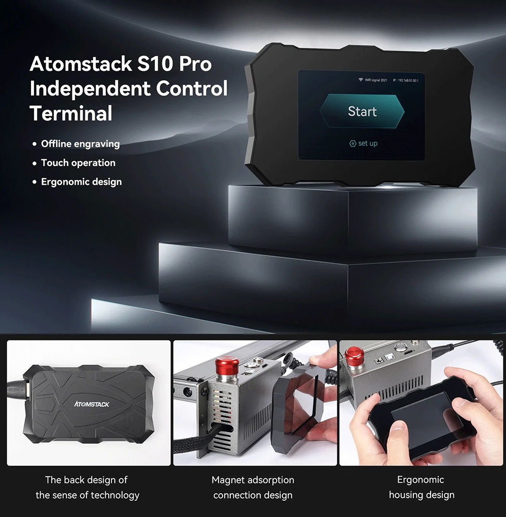 Laserová gravírka a řezačka ATOMSTACK S10 Pro 10W, výkon stroje 50W, pevné zaostření, komprimovaný bod 0,08x0,06 mm, offline práce, 410x400 mm