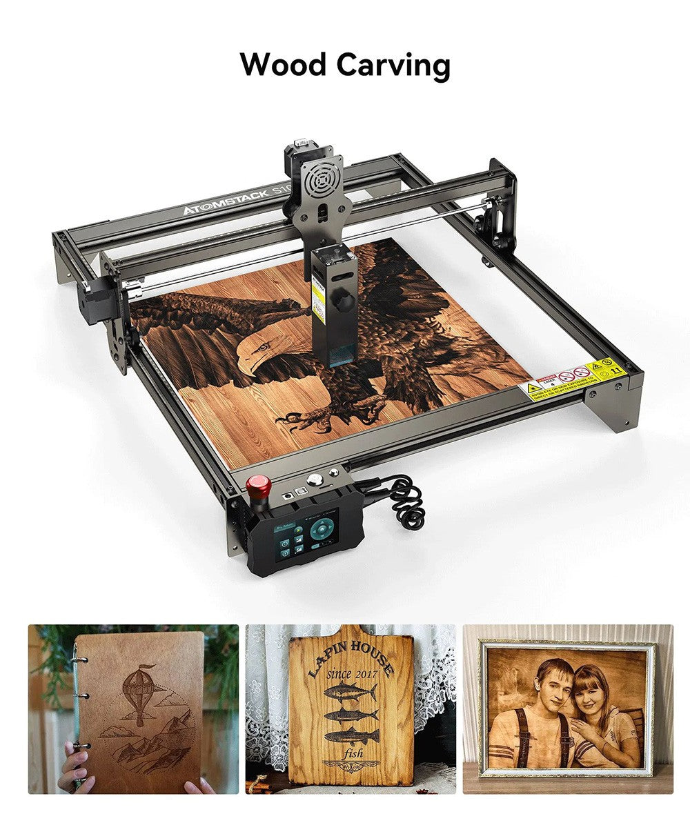 Laserová gravírka a řezačka ATOMSTACK S10 Pro 10W, výkon stroje 50W, pevné zaostření, komprimovaný bod 0,08x0,06 mm, offline práce, 410x400 mm