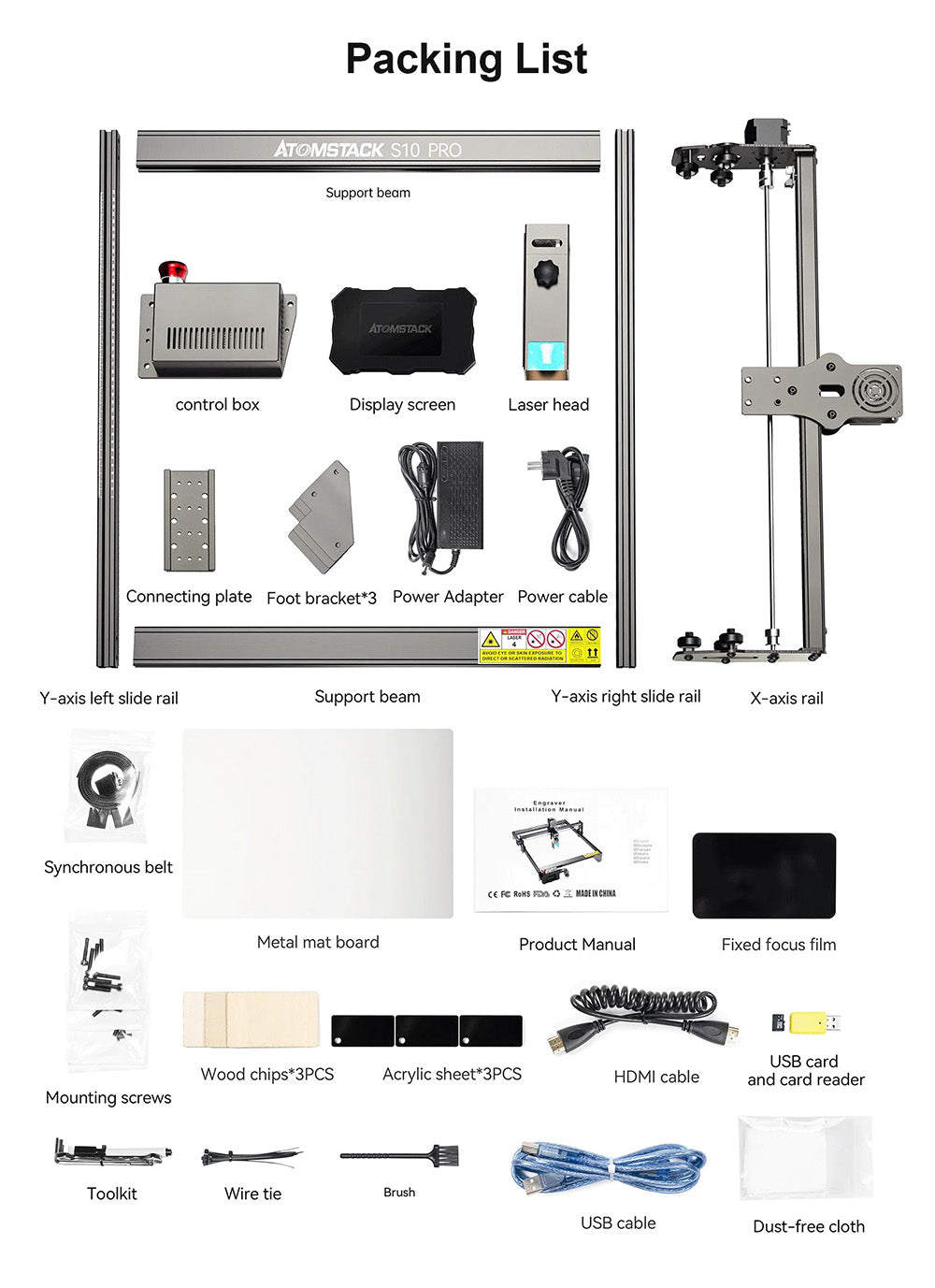 Laserová gravírka a řezačka ATOMSTACK S10 Pro 10W, výkon stroje 50W, pevné zaostření, komprimovaný bod 0,08x0,06 mm, offline práce, 410x400 mm