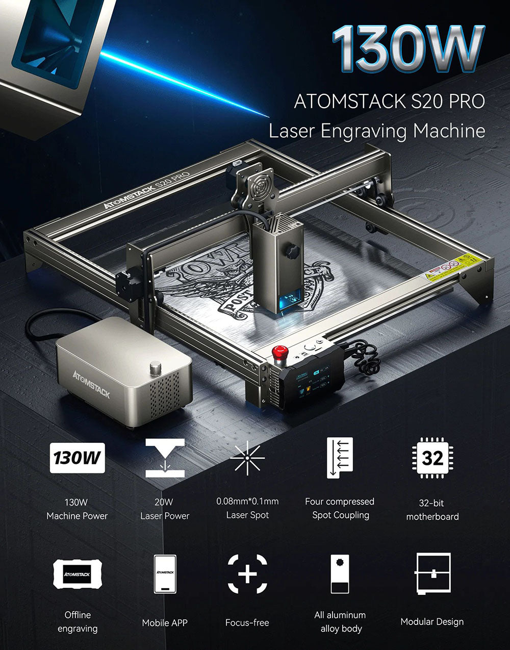 ATOMSTACK S20 Pro 20W laserová gravírka a řezačka s asistenčními sadami pro vzduch, volné ostření, čtyřjádrový diodový laser, offline gravírování - USA