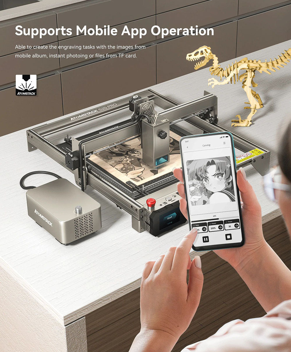 ATOMSTACK S20 Pro 20W laserová gravírka a řezačka s asistenčními sadami pro vzduch, volné ostření, čtyřjádrový diodový laser, offline gravírování - USA