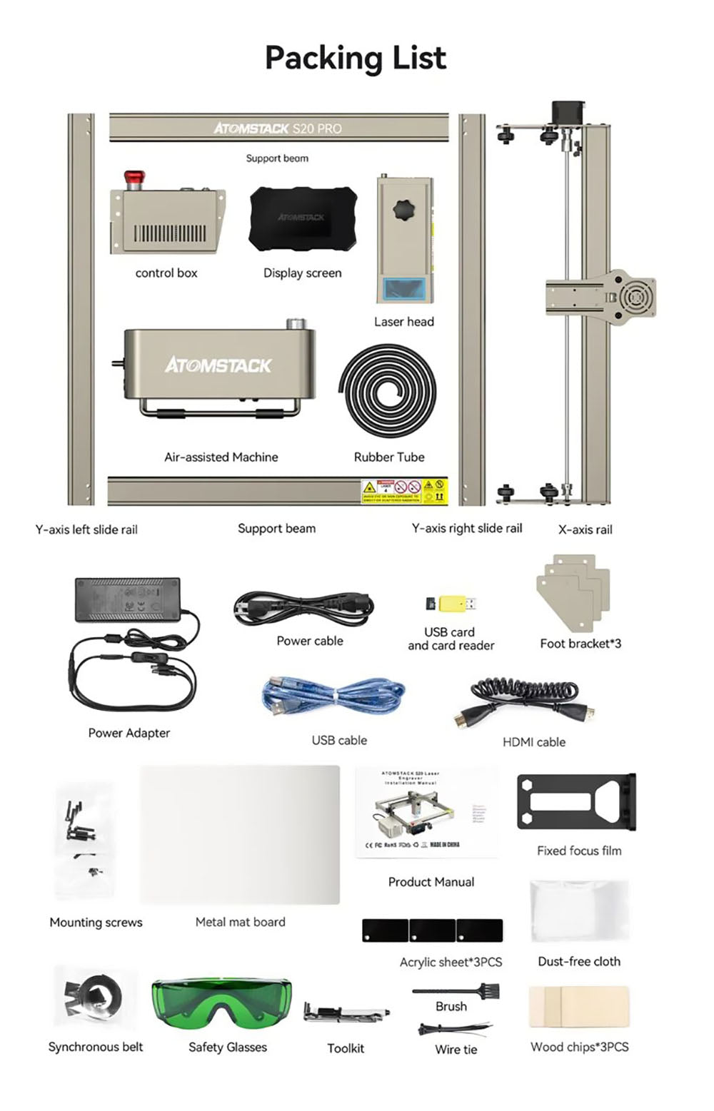 ATOMSTACK S20 Pro 20W laserová gravírka a řezačka s asistenčními sadami pro vzduch, volné ostření, čtyřjádrový diodový laser, offline gravírování - USA