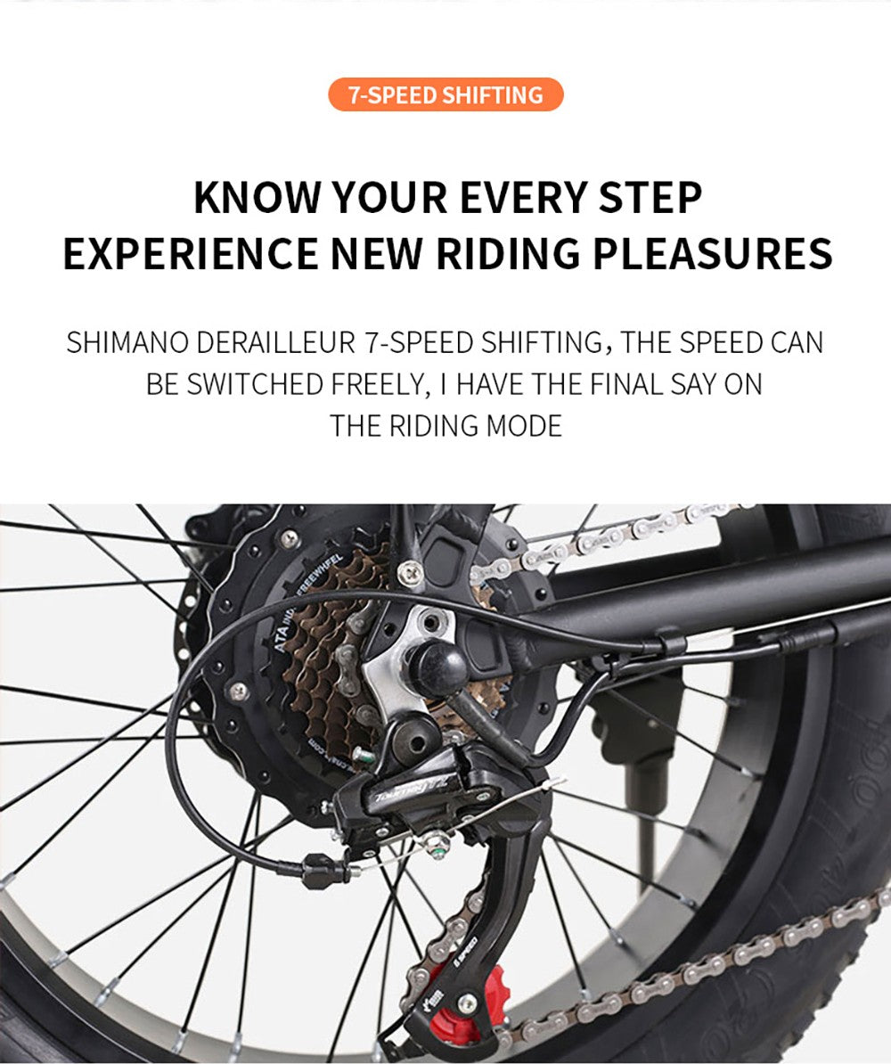 Skládací elektrické kolo AVAKA BZ20 PLUS, tlusté pneumatiky 20*3,0 palce, bezkartáčový motor 500 W, maximální rychlost 25 km/h, baterie 48 V 18,2 Ah, dojezd 100 km, maximální zatížení 120 kg, dvojitá kotoučová brzda Shimano, 7 rychlostí, vodotěsný LCD displej IP54, jednodílné kolo - černé