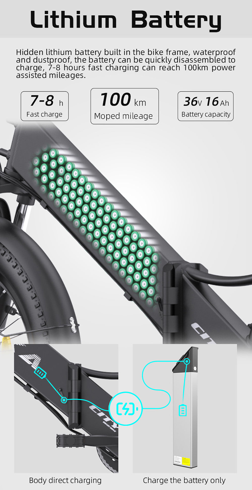 Skládací elektrokolo AVAKA K300, motor 350 W, baterie 36 V 16 Ah, pneumatiky 20 x 3,0 palce, maximální rychlost 31 km/h, dojezd 100 km, přední a zadní kotoučové brzdy, LCD displej, SHIMANO 7 rychlostí - bílá