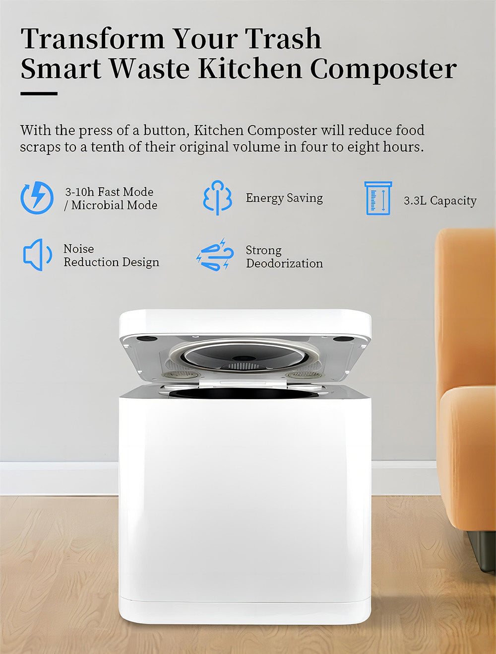 Kuchyňský kompostér BEECO HQD-314Pro, objem 3,3 l, přeměna odpadu na přírodní hnojivo, vestavěné UVC světlo, dětský zámek, LCD displej