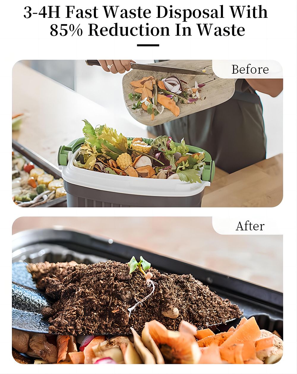 Kuchyňský kompostér BEECO HQD-314Pro, objem 3,3 l, přeměna odpadu na přírodní hnojivo, vestavěné UVC světlo, dětský zámek, LCD displej