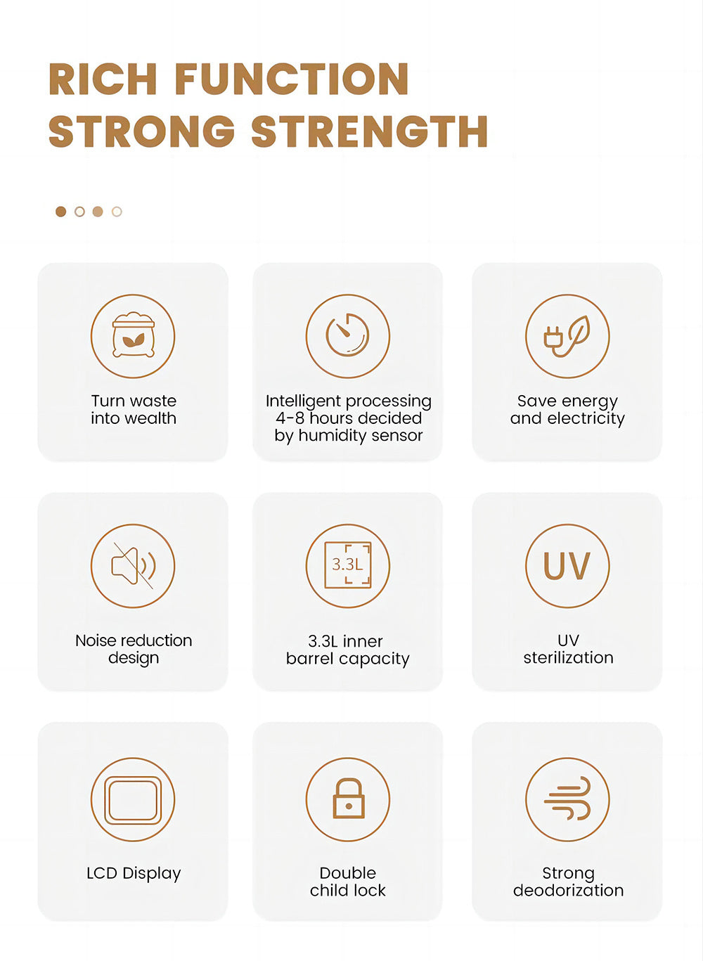 Kuchyňský kompostér BEECO HQD-314Pro, objem 3,3 l, přeměna odpadu na přírodní hnojivo, vestavěné UVC světlo, dětský zámek, LCD displej