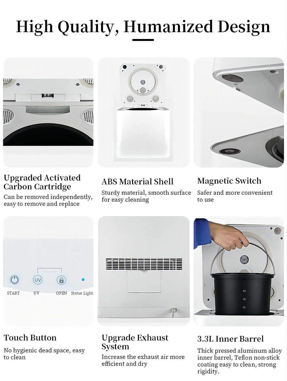 Kuchyňský kompostér BEECO HQD-314Pro, objem 3,3 l, přeměna odpadu na přírodní hnojivo, vestavěné UVC světlo, dětský zámek, LCD displej