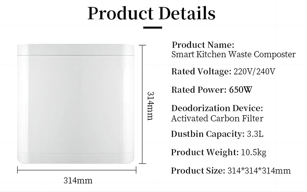 Kuchyňský kompostér BEECO HQD-314Pro, objem 3,3 l, přeměna odpadu na přírodní hnojivo, vestavěné UVC světlo, dětský zámek, LCD displej