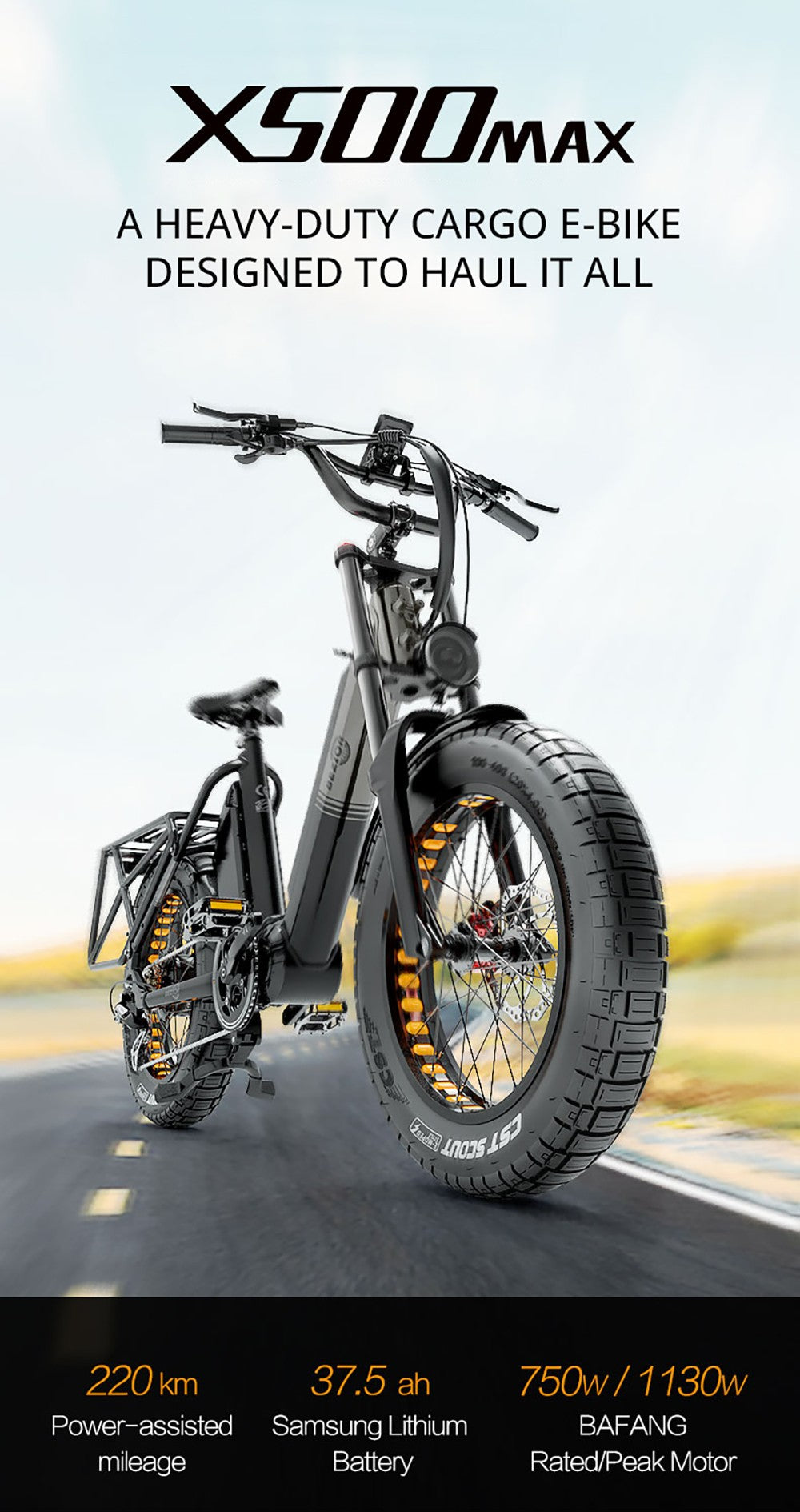 Elektrické horské kolo Bezior X500 MAX, motor Bafang 750 W, vyjímatelná baterie 48 V 37,5 Ah, tlusté pneumatiky 20 x 4,0 palce, maximální rychlost 48 km/h, dojezd 220 km, přední odpružená vidlice, hydraulické kotoučové brzdy, řazení Shimano 7 rychlostí