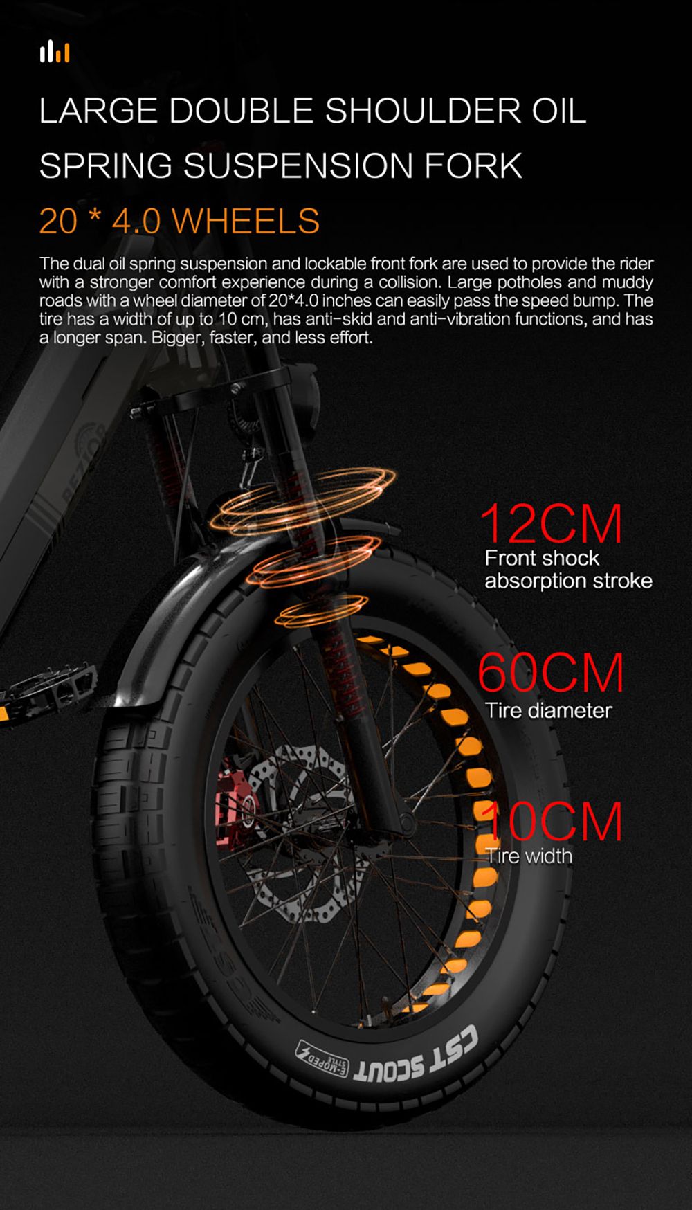 Elektrické horské kolo Bezior X500 MAX, motor Bafang 750 W, vyjímatelná baterie 48 V 37,5 Ah, tlusté pneumatiky 20 x 4,0 palce, maximální rychlost 48 km/h, dojezd 220 km, přední odpružená vidlice, hydraulické kotoučové brzdy, řazení Shimano 7 rychlostí