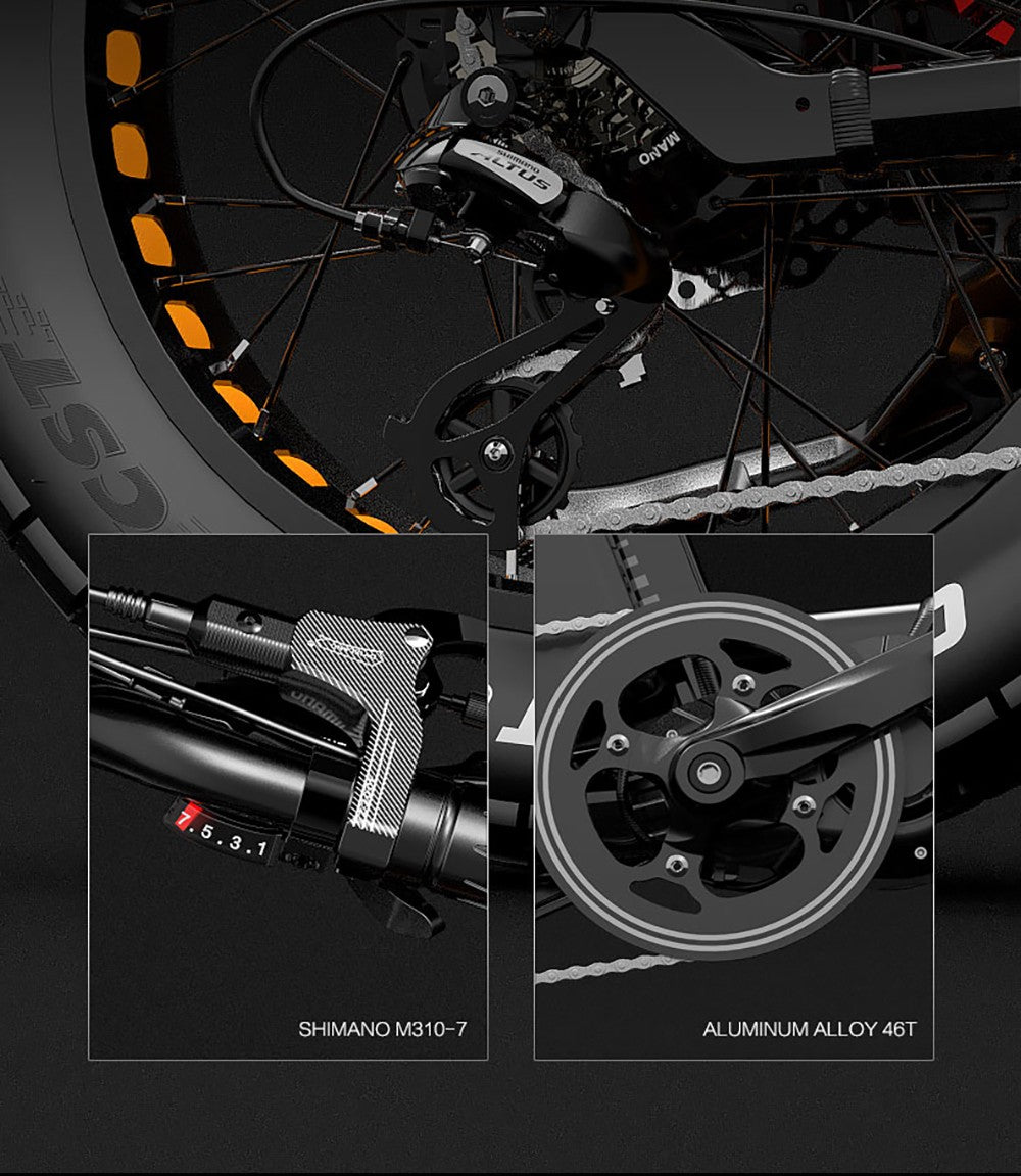 Elektrické horské kolo Bezior X500 MAX, motor Bafang 750 W, vyjímatelná baterie 48 V 37,5 Ah, tlusté pneumatiky 20 x 4,0 palce, maximální rychlost 48 km/h, dojezd 220 km, přední odpružená vidlice, hydraulické kotoučové brzdy, řazení Shimano 7 rychlostí