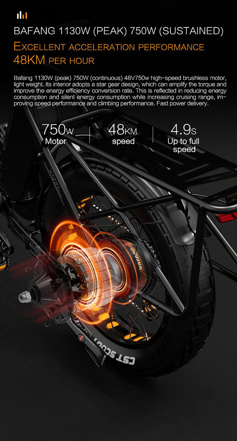 Elektrické horské kolo Bezior X500 MAX, motor Bafang 750 W, vyjímatelná baterie 48 V 37,5 Ah, tlusté pneumatiky 20 x 4,0 palce, maximální rychlost 48 km/h, dojezd 220 km, přední odpružená vidlice, hydraulické kotoučové brzdy, řazení Shimano 7 rychlostí