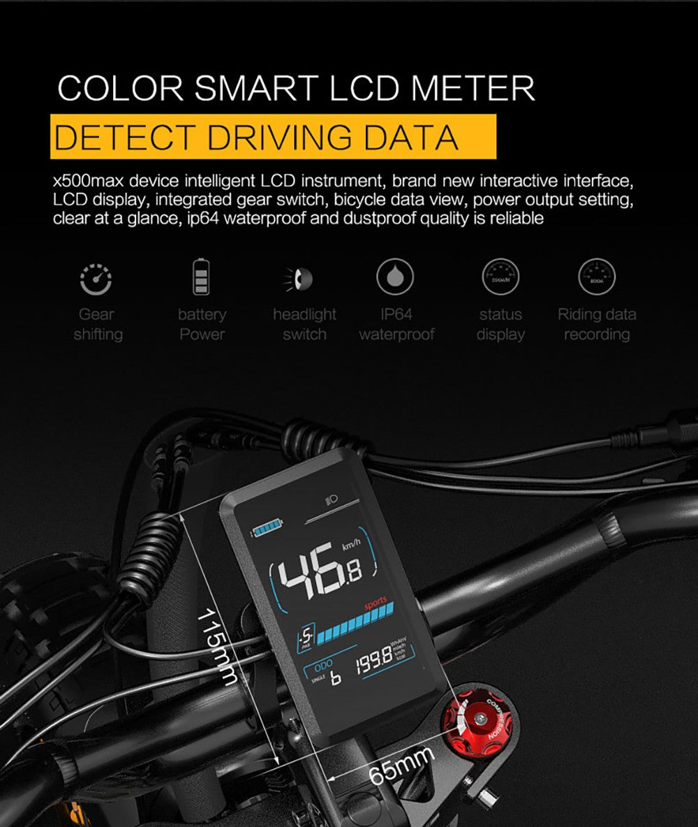 Elektrické horské kolo Bezior X500 MAX, motor Bafang 750 W, vyjímatelná baterie 48 V 37,5 Ah, tlusté pneumatiky 20 x 4,0 palce, maximální rychlost 48 km/h, dojezd 220 km, přední odpružená vidlice, hydraulické kotoučové brzdy, řazení Shimano 7 rychlostí