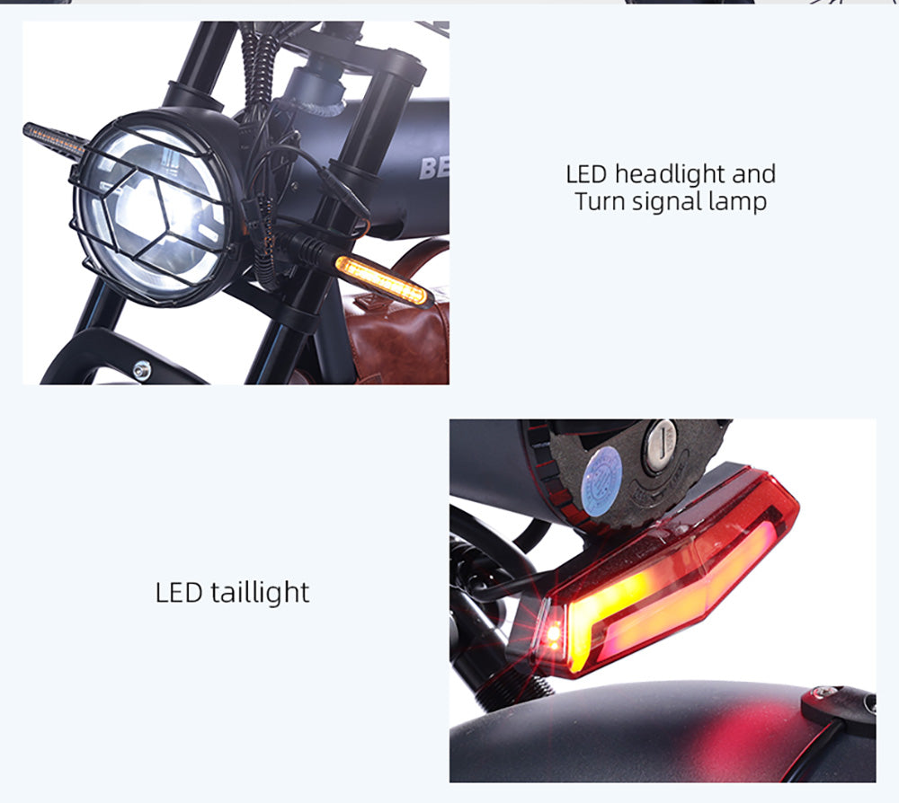 Elektrokolo BEZIOR XF006, motor 1200 W, baterie 48 V 23,2 Ah, pneumatiky 20 x 4,0 palce, maximální rychlost 47 km/h, dojezd 100 km, hydraulické olejové brzdy, pružinové odpružení, řazení Shimano 7 rychlostí, LCD displej