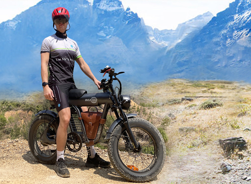 Elektrokolo BEZIOR XF006, motor 1200 W, baterie 48 V 23,2 Ah, pneumatiky 20 x 4,0 palce, maximální rychlost 47 km/h, dojezd 100 km, hydraulické olejové brzdy, pružinové odpružení, řazení Shimano 7 rychlostí, LCD displej
