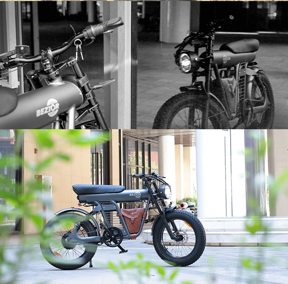 Elektrokolo BEZIOR XF006, motor 1200 W, baterie 48 V 23,2 Ah, pneumatiky 20 x 4,0 palce, maximální rychlost 47 km/h, dojezd 100 km, hydraulické olejové brzdy, pružinové odpružení, řazení Shimano 7 rychlostí, LCD displej