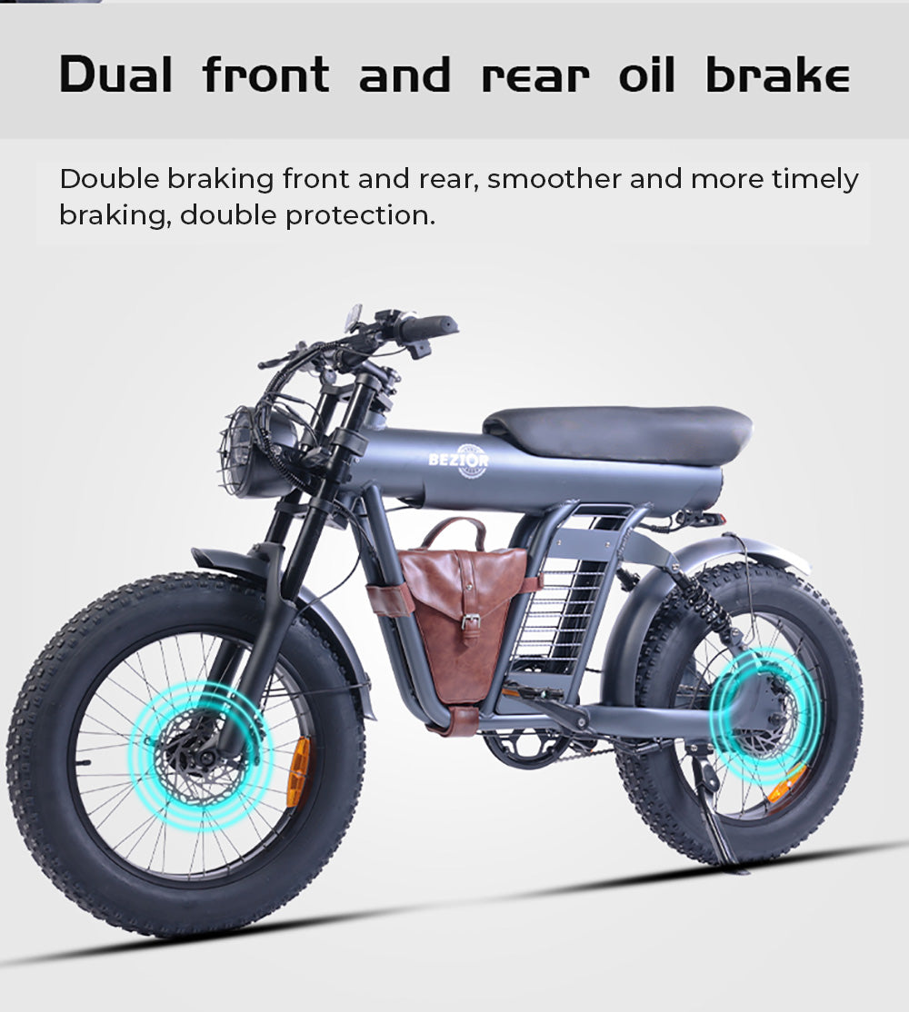 Elektrokolo BEZIOR XF006, motor 1200 W, baterie 48 V 23,2 Ah, pneumatiky 20 x 4,0 palce, maximální rychlost 47 km/h, dojezd 100 km, hydraulické olejové brzdy, pružinové odpružení, řazení Shimano 7 rychlostí, LCD displej